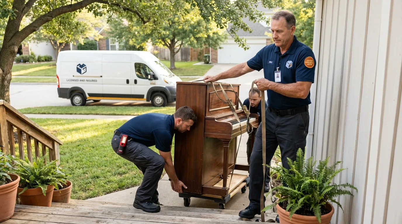 Licensed piano movers securing grand piano in Bonney Lake, WA