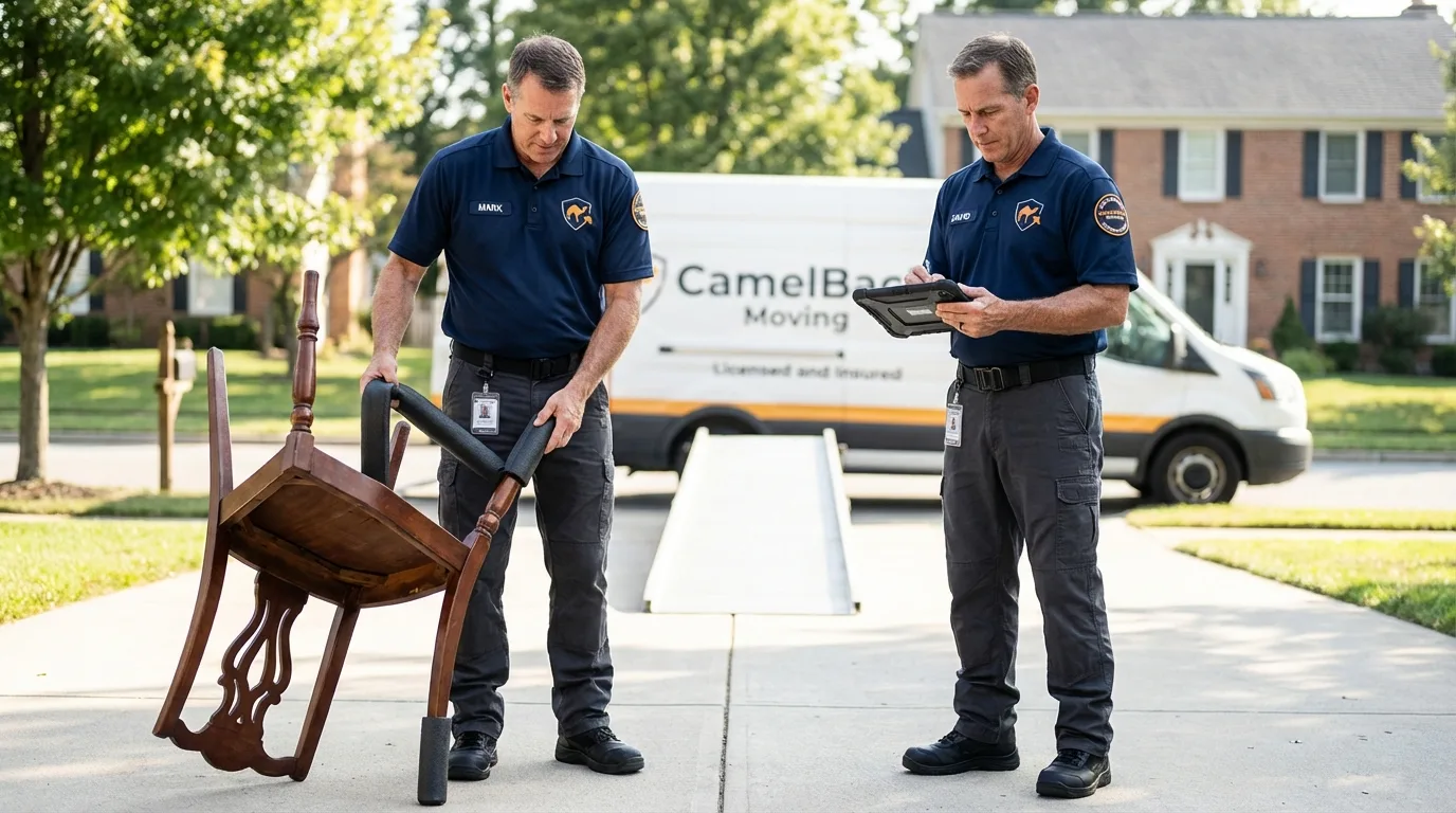 Movers inspecting furniture for damage prevention before loading in Bonney Lake, WA