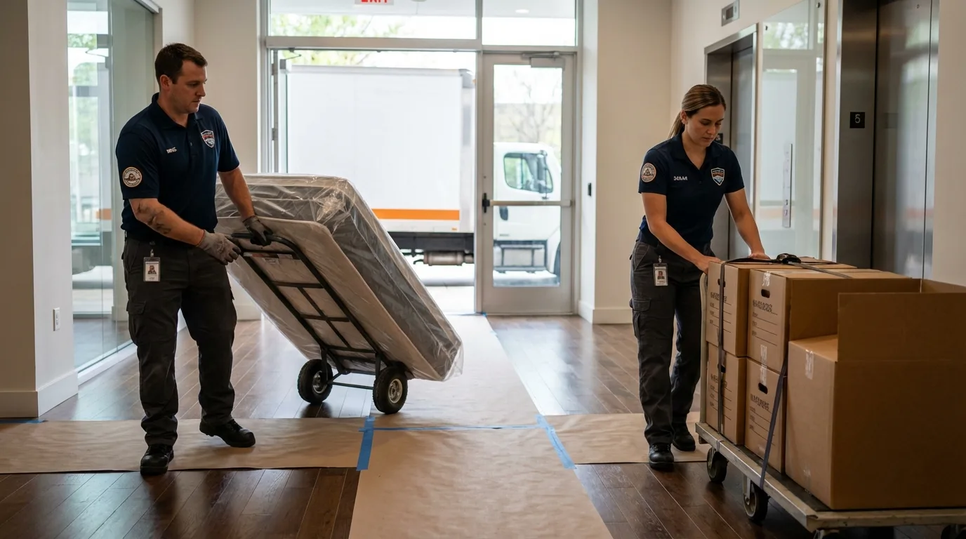 Professional apartment movers loading elevator in Bonney Lake, WA